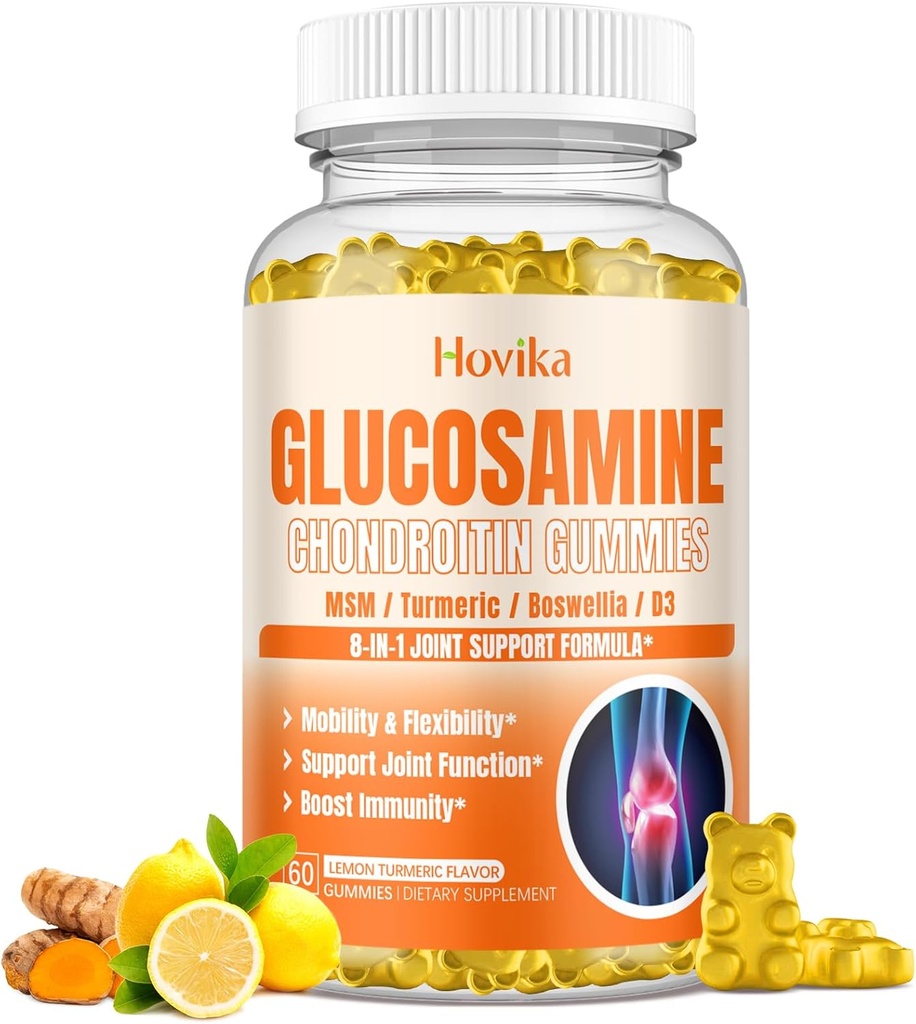 Glucosamine Chondroïtine MSM Gommies 1500mg - Supplément de soutien conjoint avec curcuma, Boswellia, vitamine D3, acide hyaluronique, antioxydant, immunosupport pour adultes, hommes et femmes végétalien, 60 Gommies
