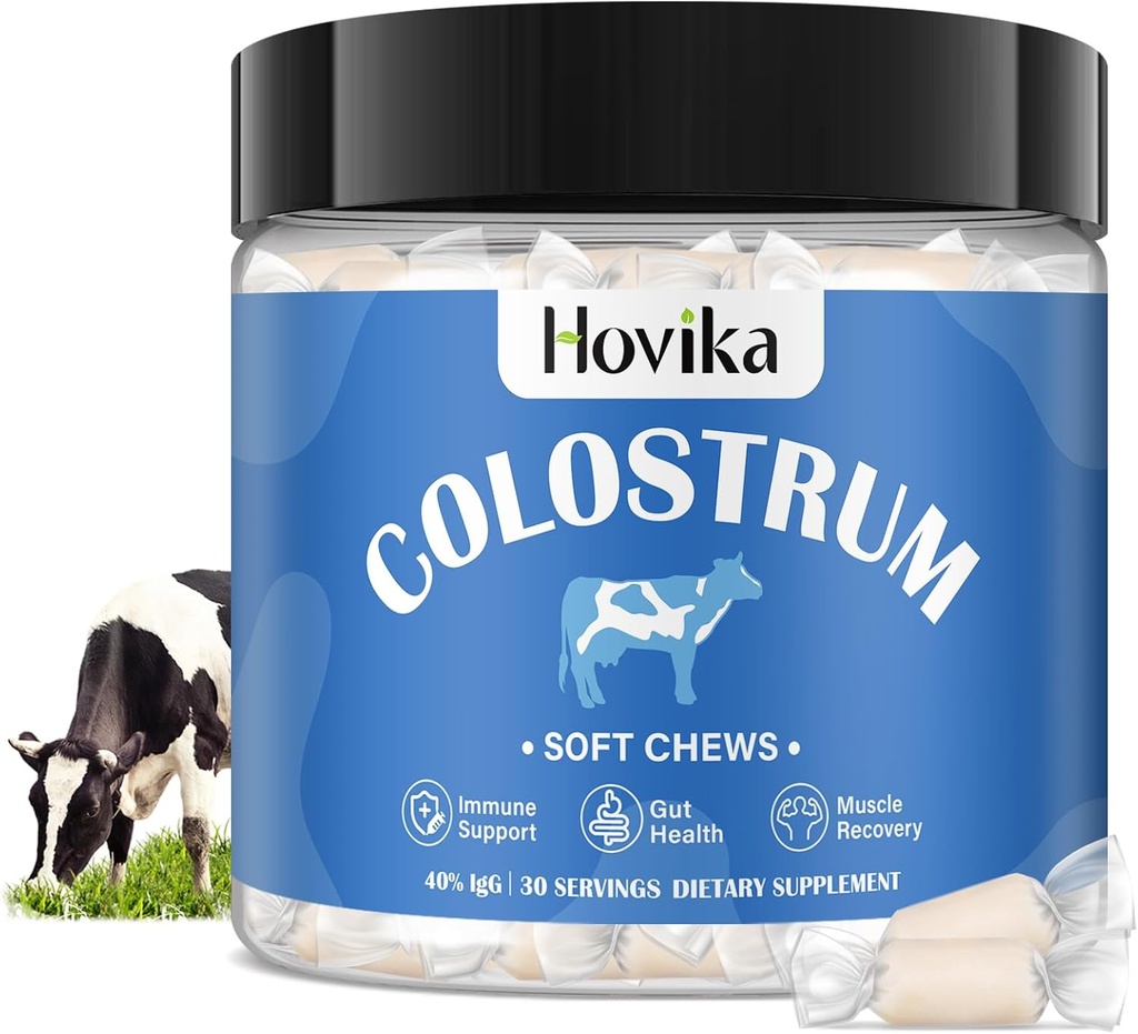 Pure Bovine Colostrum Supplément, 40% IgG Bovine Colostrum pour les humains-3000mg Colostrum Soft Chews pour la santé de Gut, Immune Support, Récupération musculaire-Grass Fed, 30 portions