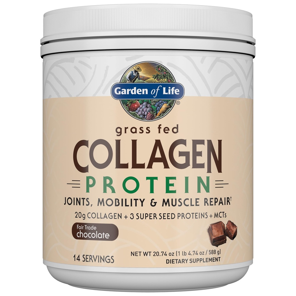 Jardin de la vie Poudre de protéines de collagène à l'herbe - Chocolat, 14 portions, Poudre pour les articulations Mobility Muscle Repair, Collagen Peptides + Super Seeds + Coconut MCTs, Supplément de kéto
