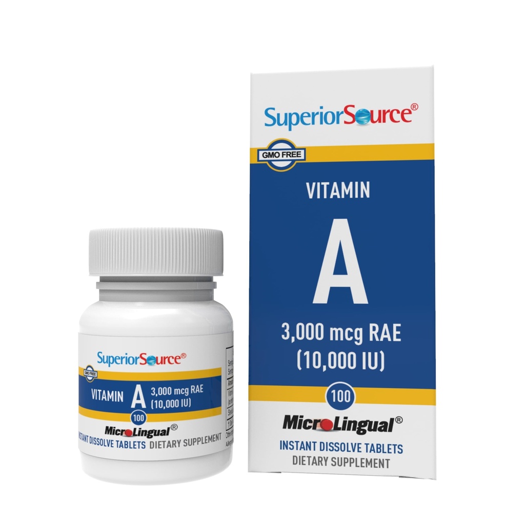 Source supérieure Vitamine A 10 000 UI - Supplément soins oculaires - Soutient également la santé immunitaire, cutanée et osseuse - Non-OGM et sans gluten - 100 comprimés microLinguaux