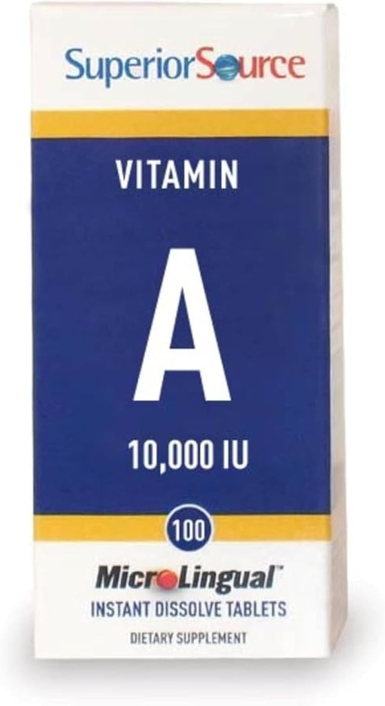 Source supérieure Vitamine A 10 000 UI - Supplément soins oculaires - Soutient également la santé immunitaire, cutanée et osseuse - Non-OGM et sans gluten - 100 comprimés microLinguaux
