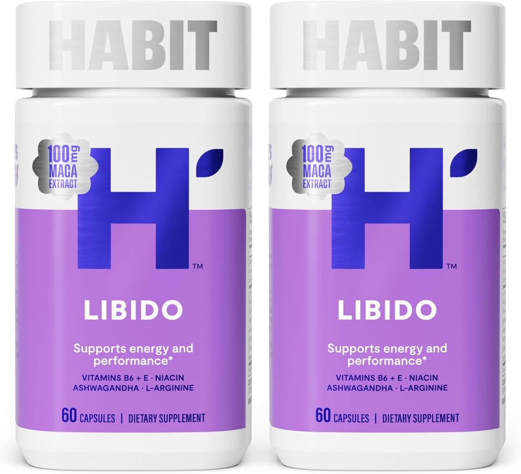 Habit Libido Supplément 2 Pack (120 Capsules) - Nouveau look, mélange aphrodisiaque naturel avec Maca, Ashwagandha L-Arginine, soutient l'énergie et la performance, végétalien, non-OGM