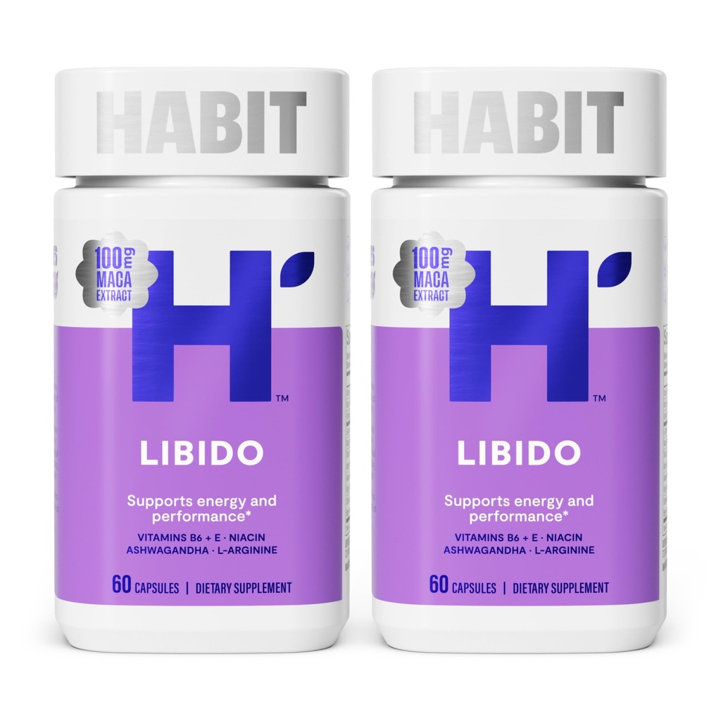 Habit Libido Supplément 2 Pack (120 Capsules) - Nouveau look, mélange aphrodisiaque naturel avec Maca, Ashwagandha L-Arginine, soutient l'énergie et la performance, végétalien, non-OGM