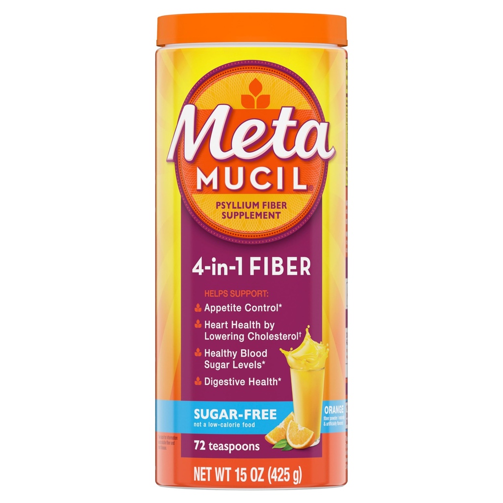 Métamucil 4-en-1 Psyllium Housse Supplément fibre, sans sucre, 72 cuillères à café, aromatisé orange, poudre de fibre quotidienne pour la santé digestive, fait avec Psyllium Housse Fibre