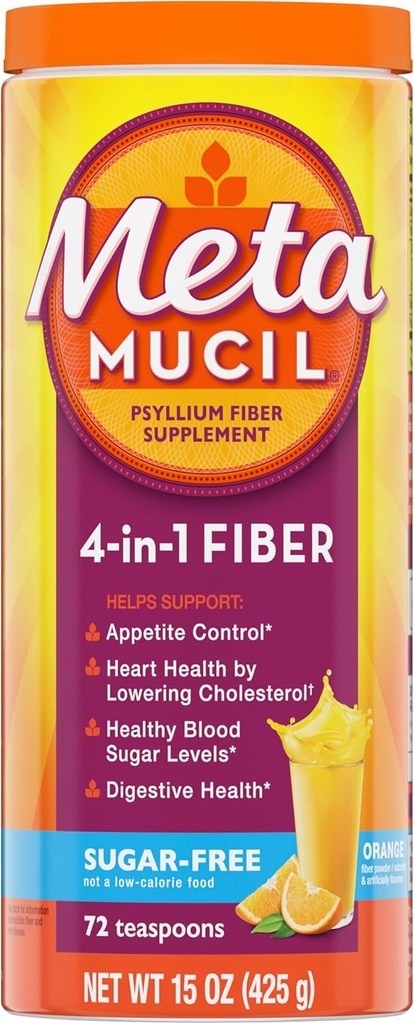 Métamucil 4-en-1 Psyllium Housse Supplément fibre, sans sucre, 72 cuillères à café, aromatisé orange, poudre de fibre quotidienne pour la santé digestive, fait avec Psyllium Housse Fibre