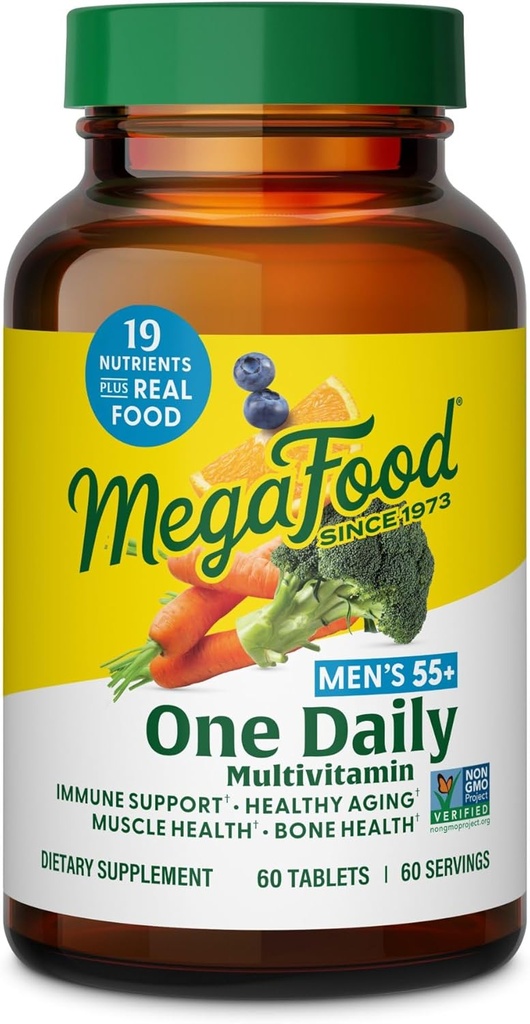 MegaFood Hommes 55+ Un jour - Multivitamine pour les hommes avec vitamine B12, C, D & Zinc - Supplément optimal de vieillissement et de soutien immunitaire - Végétarien - Fabriqué sans 9 allergènes alimentaires - 60 onglets