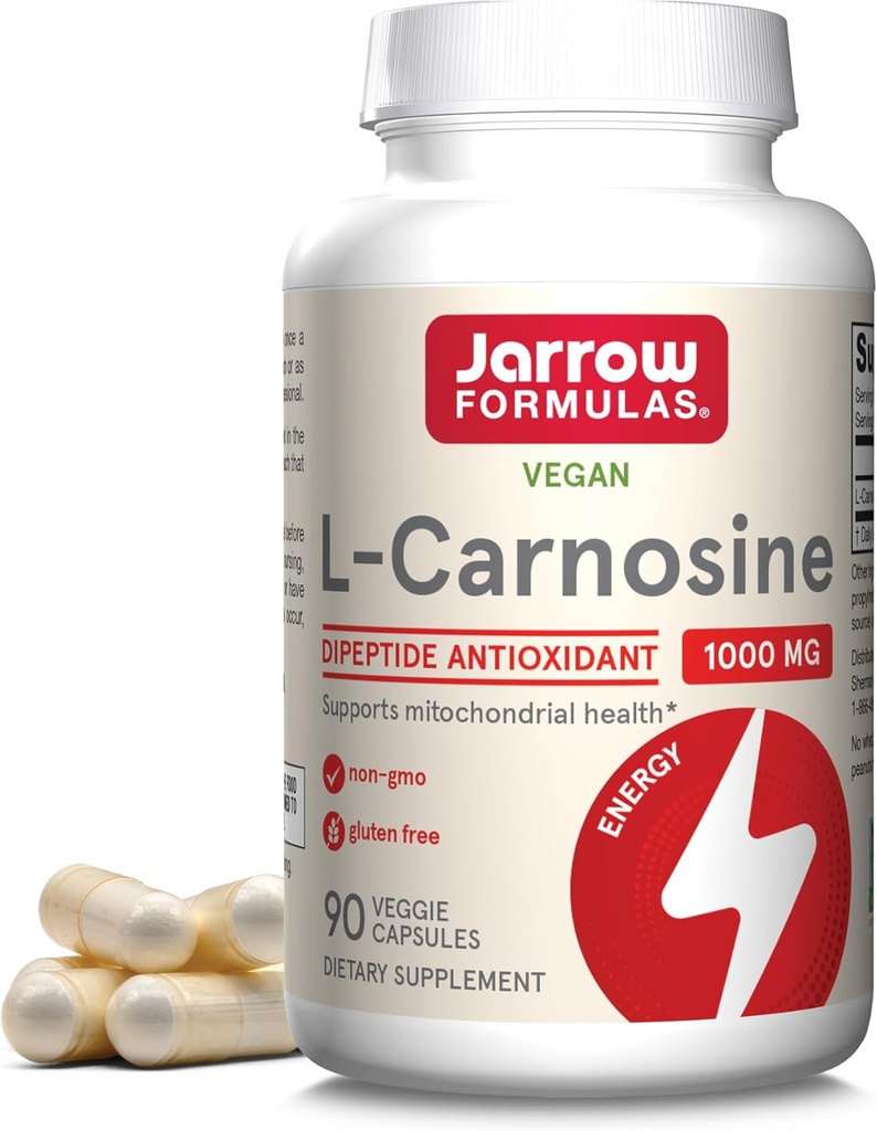 Jarrow Formulas® L-Carnosine Dipeptide Antioxidant 1000 mg, Dietary Supplement, Antioxidant Support for Mitochondrial Health, 90 Veggie Capsules, Up to 45 Day Supply