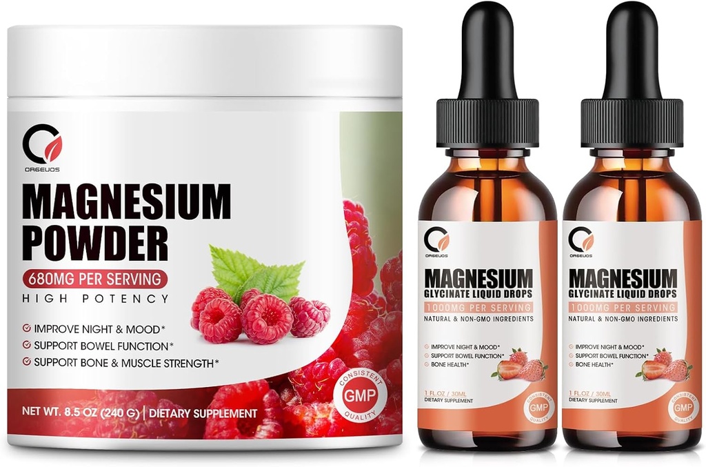 Magnesium Glycinate Drops & 680mg Magnesium Glycinate Complex Powder for Men & Women, Support Energy, Night, Muscle & Joint Function, Non-GMO, Vegan
