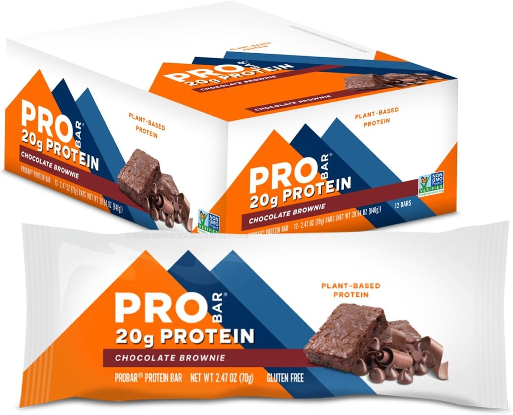 PROBAR - Barre PROTEIN, Brownie au chocolat, Non-OGM, Sans gluten, Santé, à base végétale, Ingrédients alimentaires entiers, Énergie naturelle (12 Nombre)