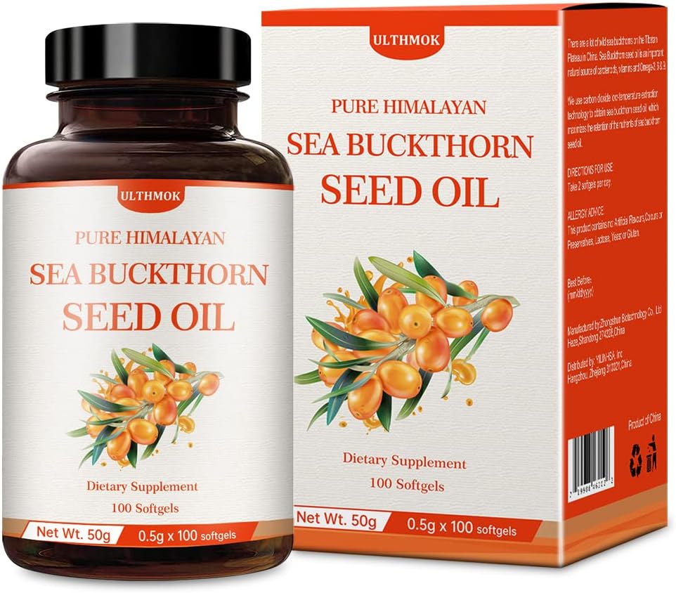 ULTHMOK Premium Sea Buckthorn Seed Oil, 100% Seed Oil,100 Softgels & 100×500mg,Non-OGM,Gluten Free.