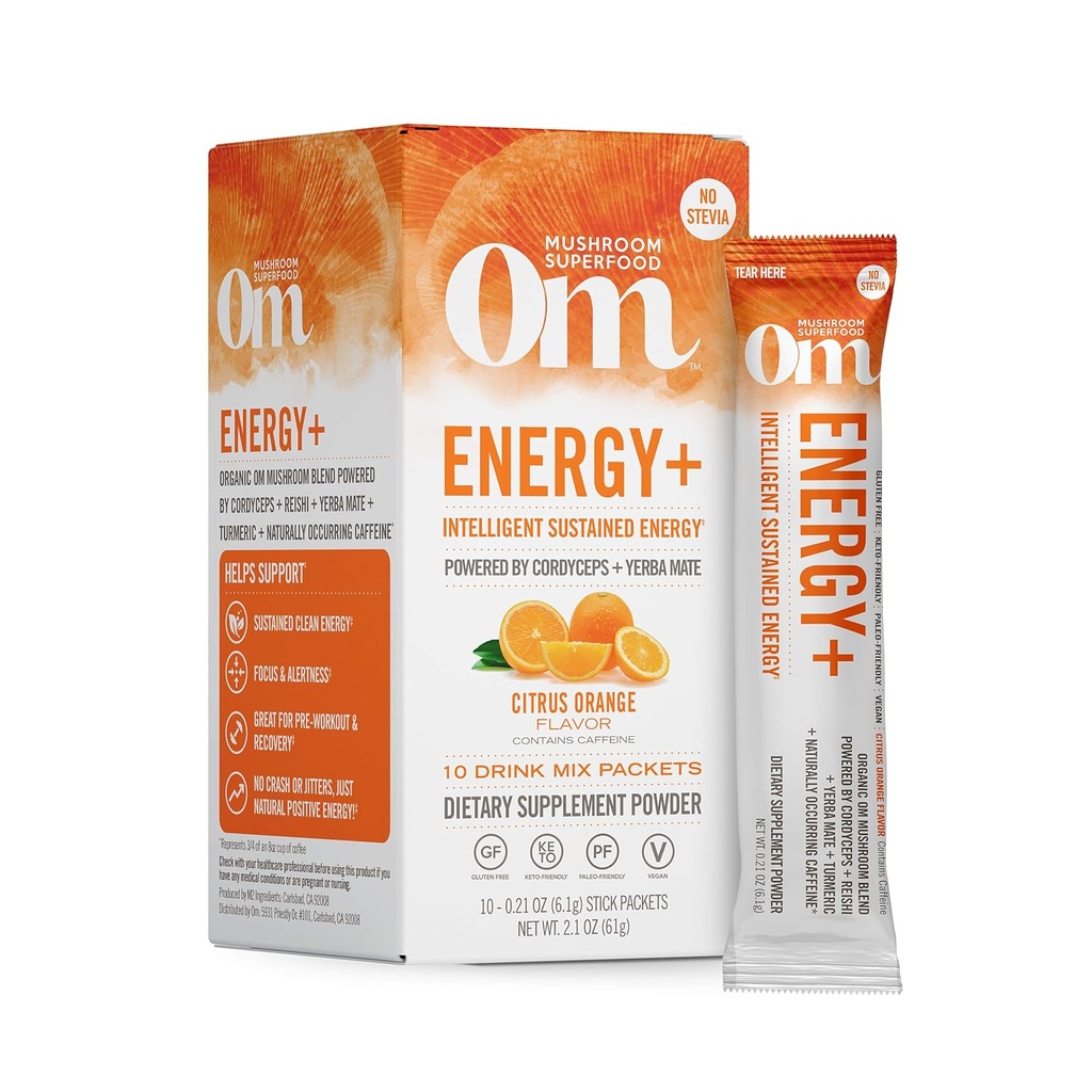 OM MUSHROOM SUPERFOOD Energy Plus Mushroom Powder Drink Mix, Citrus Orange, Single Serve, 10 Count, Mushroom Blend, Cordyceps, Yerba Mate, Tumeric, Vitamin B Complex, Pre-Workout, Immune Supplement