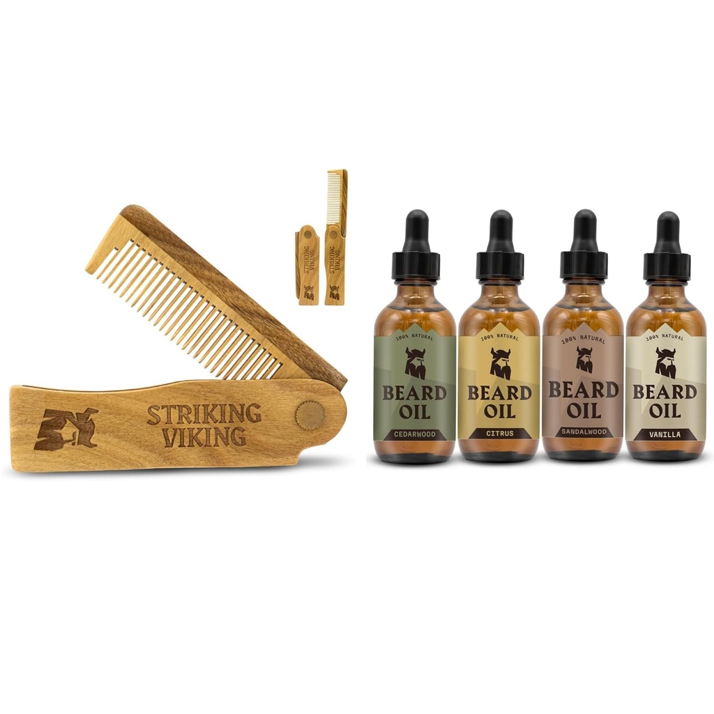 Peigne en bois pliant et huile de barbe de 4 paquets pour les hommes - By Strikeing Vikings