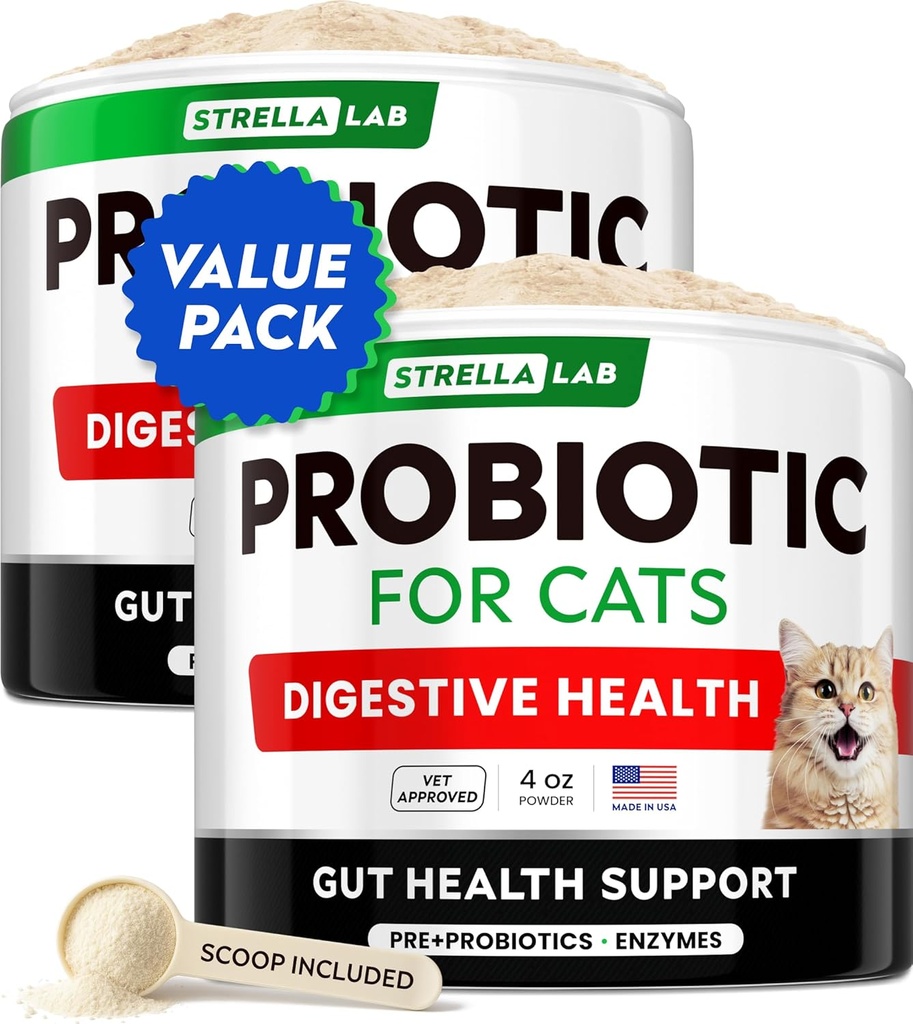 StrellaLab Cat Probiotic Powder - Probiotics for Cats with Diarrhea - Easy to Mix Powder - Cat Probiotics for Indoor Cats, Health Supplies Food Supplement, Digestive Support (8 oz/Pack of 2)