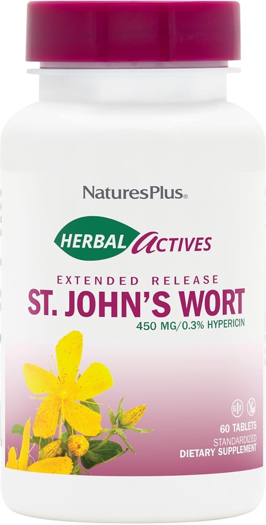 NaturesPlus Herbal Actives St. John's Wort Extended Release - 60 comprimés, pack de 2 - Supporte une humeur saine et une perspective positive - Végétarien, sans gluten - 120 portions totales