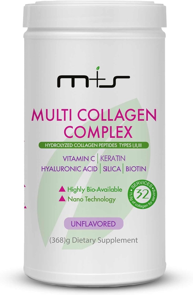 Complexe multicollagène M+S – peptides de collagène hydrolysés, types I, II, III pour la peau, les cheveux, les ongles et les articulations – avec vitamine C, acide hyaluronique, kératine, biotine et silice (non aromatisé)