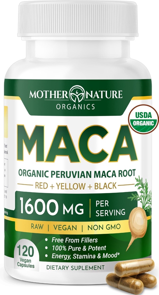 Mother Nature Organic Maca Root Capsules – 1600mg, 120 Capsules Vegan – Maca jaune, rouge et noir non OGM péruvien pour hommes et femmes - Énergie, Hormone, Cerveau et Poids Bien-être