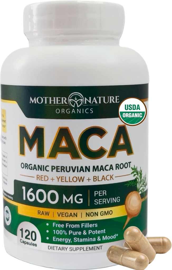 Mother Nature Organic Maca Root Capsules – 1600mg, 120 Capsules Vegan – Maca jaune, rouge et noir non OGM péruvien pour hommes et femmes - Énergie, Hormone, Cerveau et Poids Bien-être