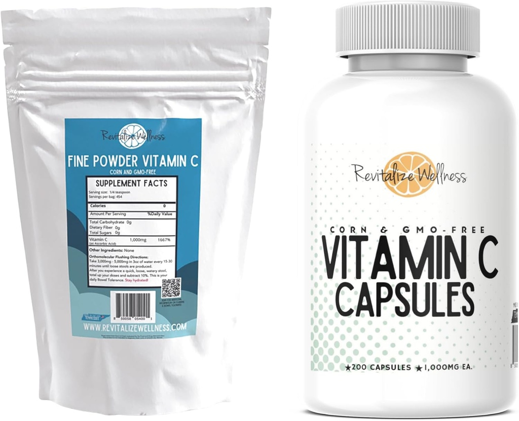 Poudre fine Vitamine C, 454 portions et capsules de vitamine C, 200 capsules