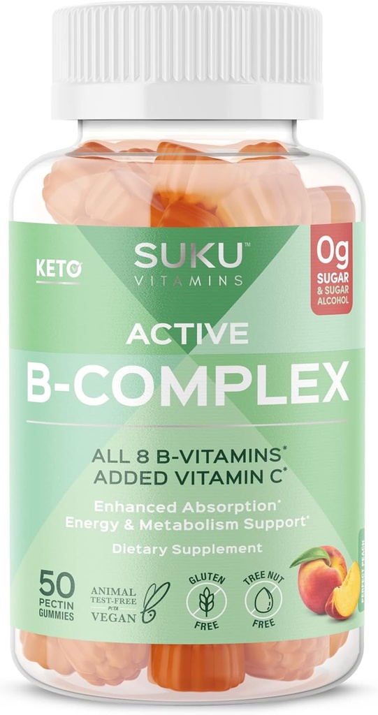 SUKU Vitamin B Complex Gummies with Vitamin C – Sugar Free Vegan 8 B Vitamins Complex Gummy Supplement Increases Cell Development, Improves Metabolism & Collagen Formation, Peach Flavour (50 Gummies)