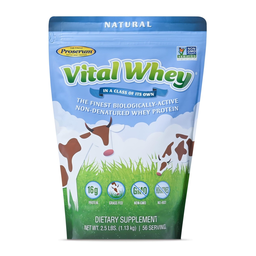 Poudre de protéines de lactosérum pour la vitalité immunitaire, saveur naturelle 2,5lbs (56 portions), 15g de protéines par portion, lactosérum vital, l'holistique propre, la nutrition du bien-être