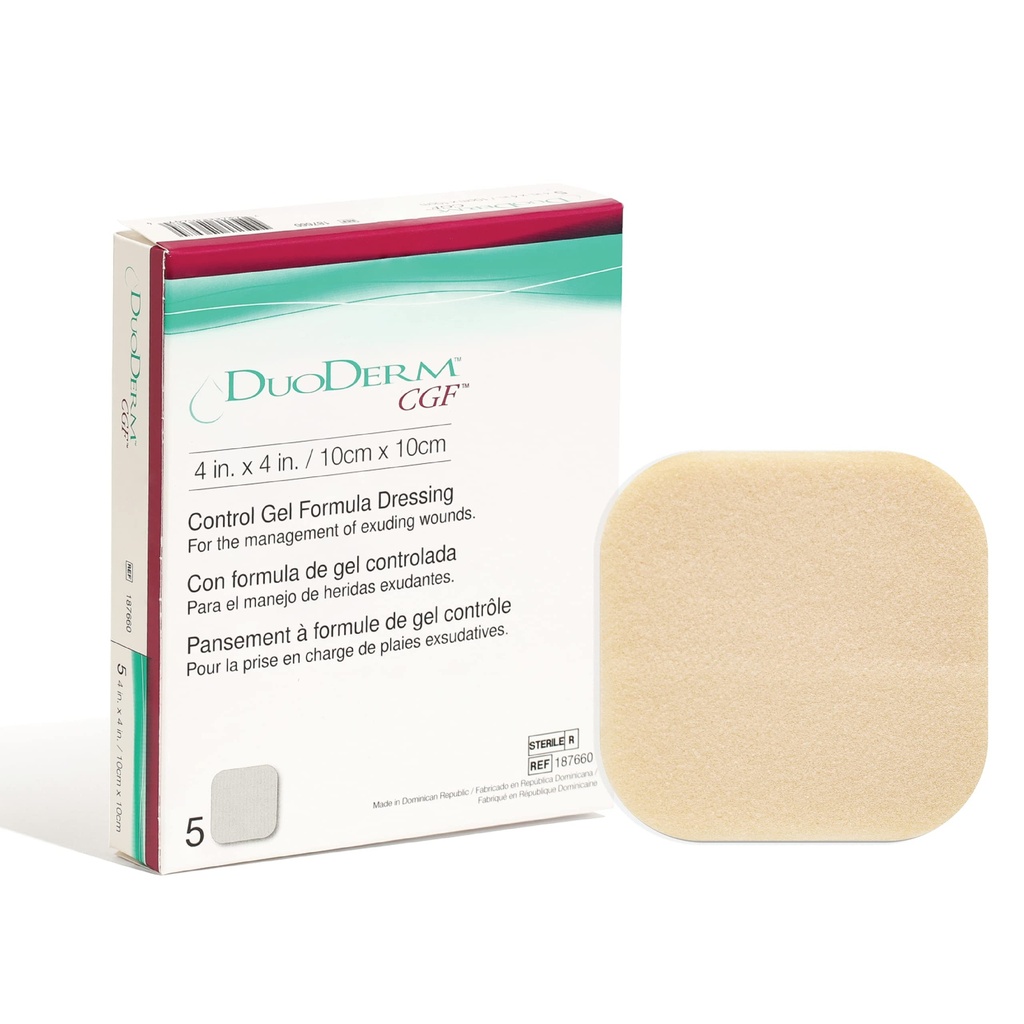 Convatec DuoDERM Gel de contrôle Formule 4"x4" Hydrocolloïde Robe adhésif stérile pour plaies partielles et pleines d'épaisseur, grade médical, sans latex, imperméable, carré, beige, boîte 5ct
