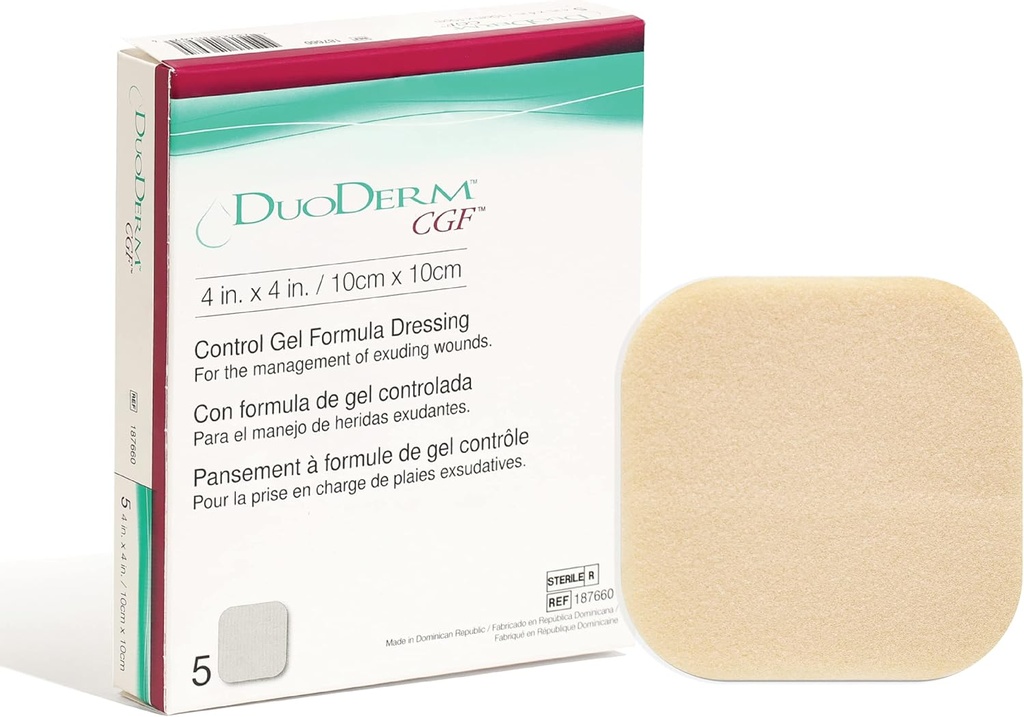Convatec DuoDERM Gel de contrôle Formule 4"x4" Hydrocolloïde Robe adhésif stérile pour plaies partielles et pleines d'épaisseur, grade médical, sans latex, imperméable, carré, beige, boîte 5ct