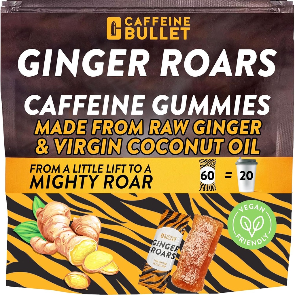 Ginger Roars - 60 Gommies d'énergie - Vegan Caffeine Chews Chaque 33mg, Fait avec un délicieux coup de feu naturel pour améliorer la course, le vélo, le pré-entraînement & Focus.