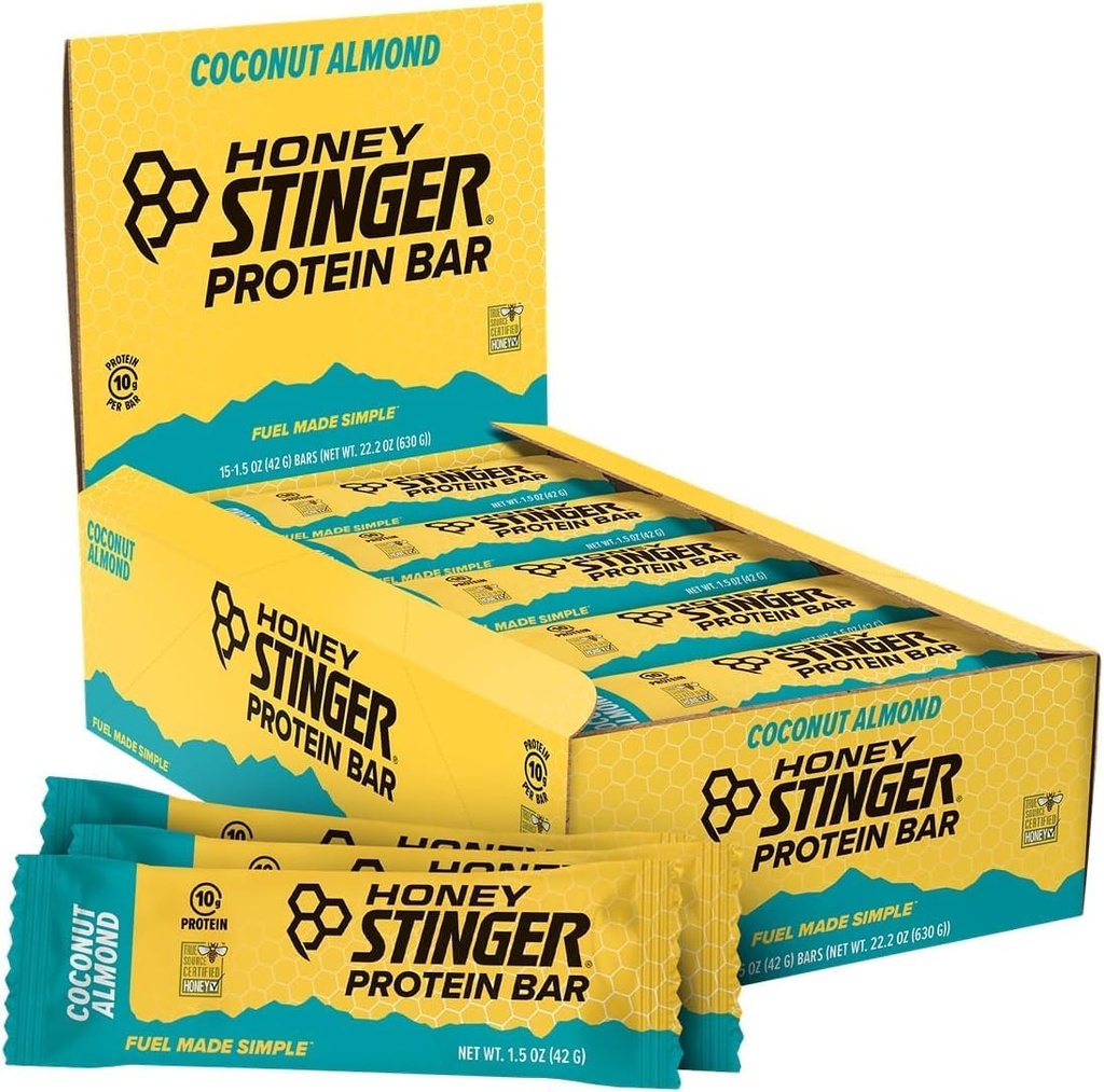 Miel Stinger Protein Bar, Amande de coco, Protein Packed Food pour l'exercice, l'endurance et la performance, Sports Nutrition Snack pour la maison et le gym, post entraînement, boîte de 15