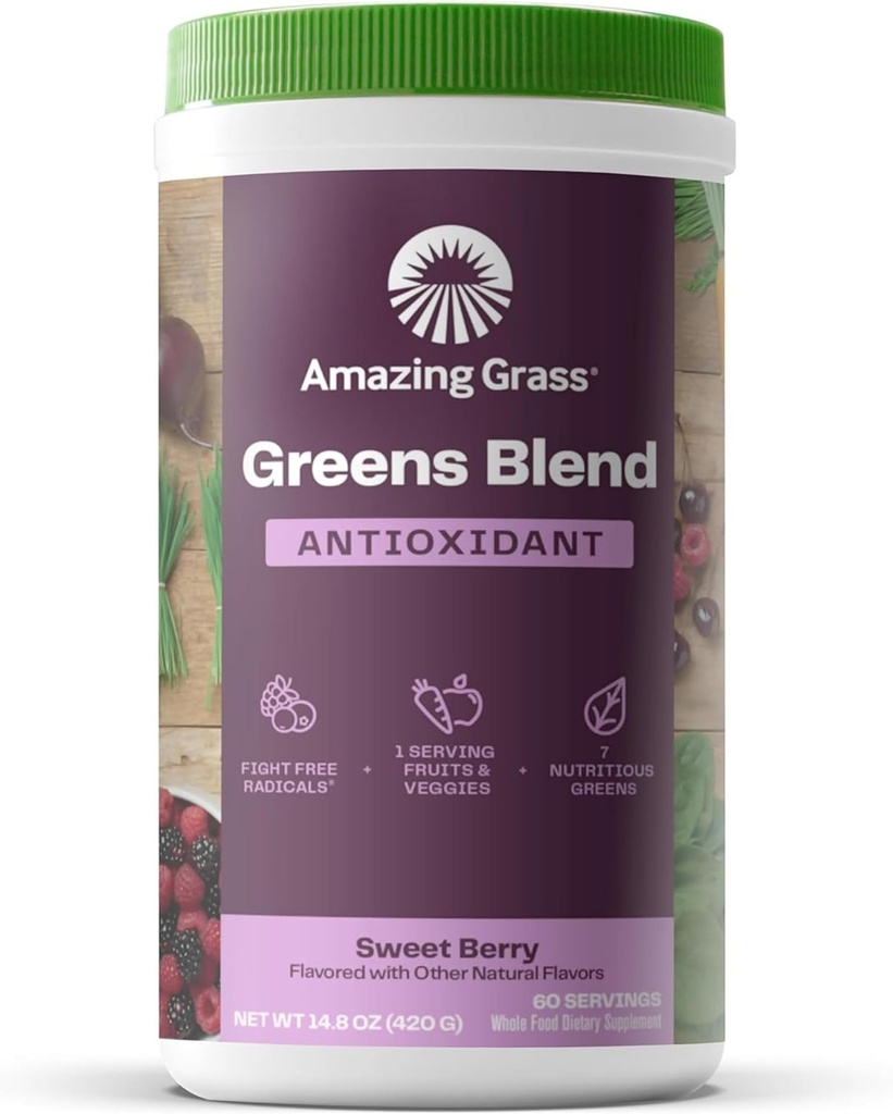 Amazing Grass Greens Superfood Antioxydant : Poudre de vert avec spiruline biologique, poudre de racine de betterave, fraise et probiotiques, baies douces, 60 portions (paquetage mai Vary)