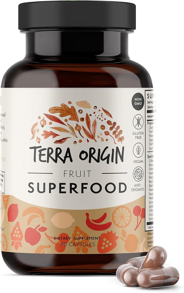 ORIGINE TERRA Suppléments Fruit Superfood (90 capsules) soutient l'énergie, non OGM et sans gluten (pour les adultes et les femmes)