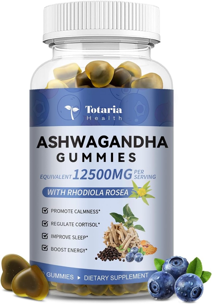 Totaria sans sucre Ashwagandha rempli Gommies w/Vitamine D3, Magnésium Glycinate, Rhodiola, Suppléments de racine Ashwa Ultra Strength pour les femmes & Wen, pour la relaxation, l'énergie, les Gommies de Cortisol