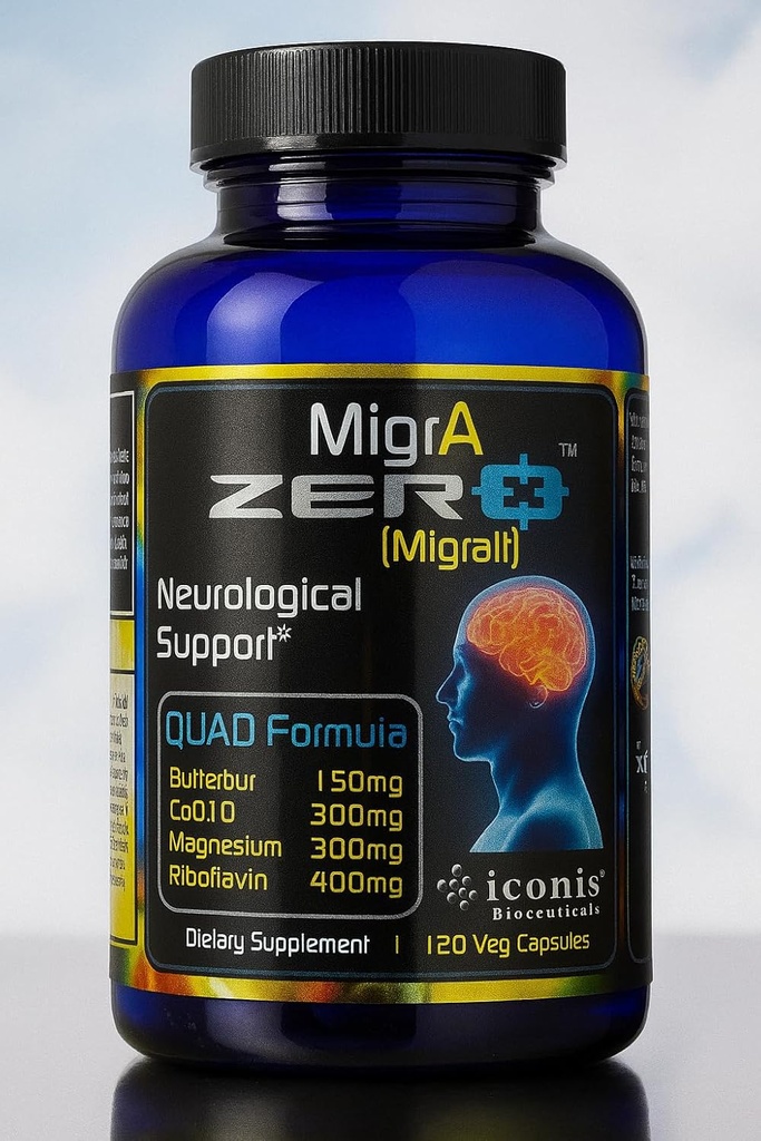 Soulagement de la migraine, Quad-Formula avec beurre sans PA (150mg), CoQ10 (300mg), Glycinat de magnésium (300mg), Riboflavine à os élevé (400mg) - MigrA Zero (120caps) Posologie optimale pour les patients atteints de migraine