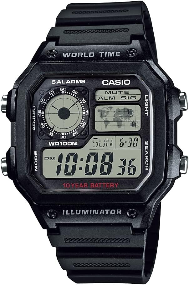 Casio AE1200WH Série , Hommes , Montre numérique , 100M WR , Multi Alarmes , 100 SEC chronomètre , Compte à rebours , Carte mondiale pour le temps mondial , Lumière LED , LC Affichage analogique , Batterie 10 ans
