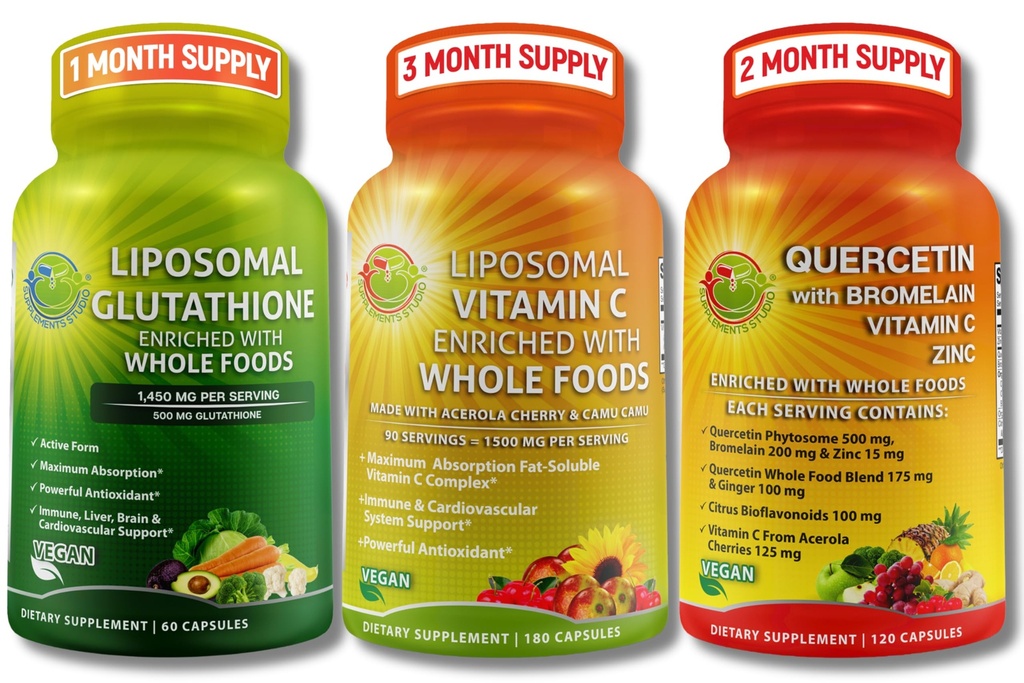 COMPLÉMENTS ÉTUDE ÉLEVÉ Antioxydants et immunosupport – Vitamine liposomique C 1500mg + Glutathion 500mg + Quercetine avec Bromelain, Zinc et mélange alimentaire entier – Végétaux, Capsules non OGM