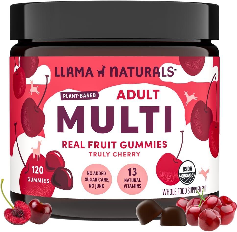 Llama Naturals Multivitamin for Women and Men, Vegan, Organic Gummies with Vitamin D, C and K, Adults Real Fruit Gummy Vitamins, Chewable Multivitamin Supplement, No Added Sugar Cane, Cherry, 120 Ct