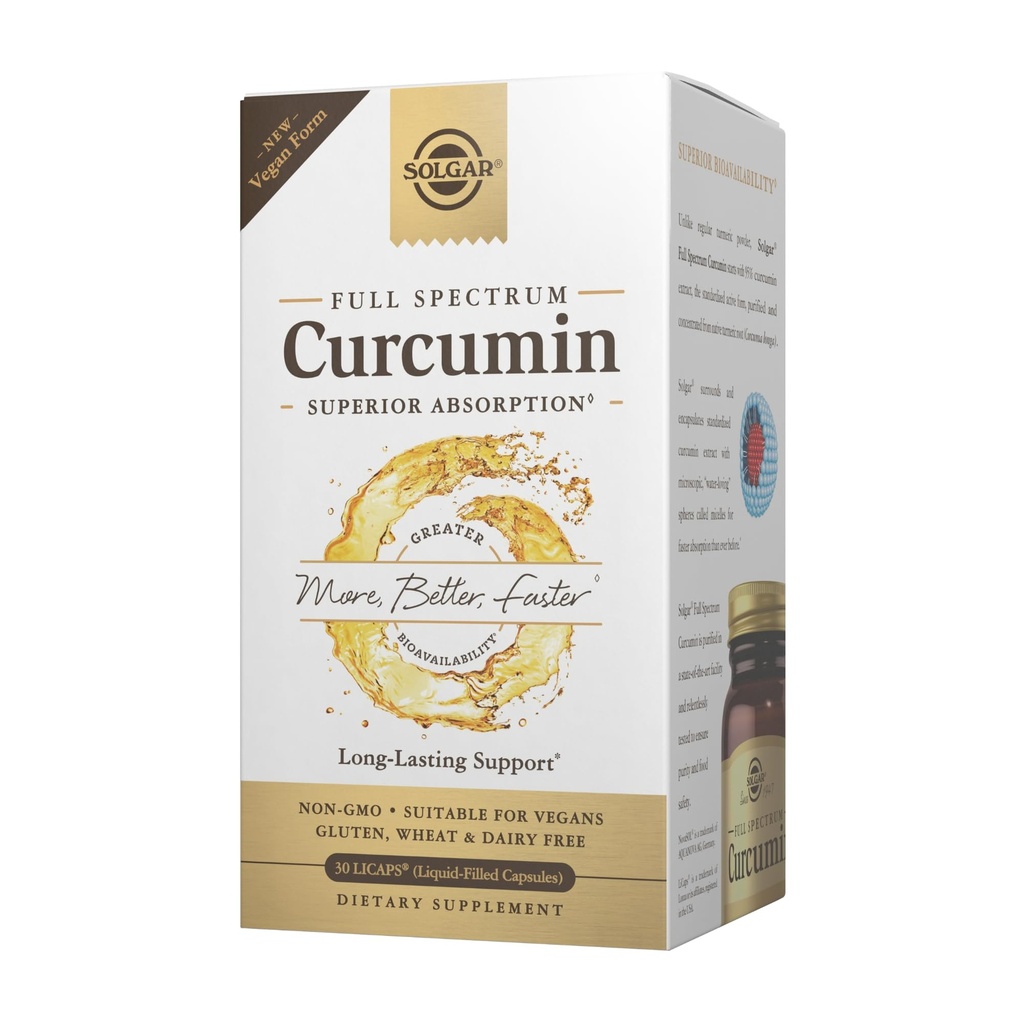 Solgar Curcumin plein spectre - 30 LiCaps - Absorption supérieure - Santé cérébrale, articulaire et immunitaire - Vegan, sans gluten, sans OGM, sans produits laitiers - 30 portions