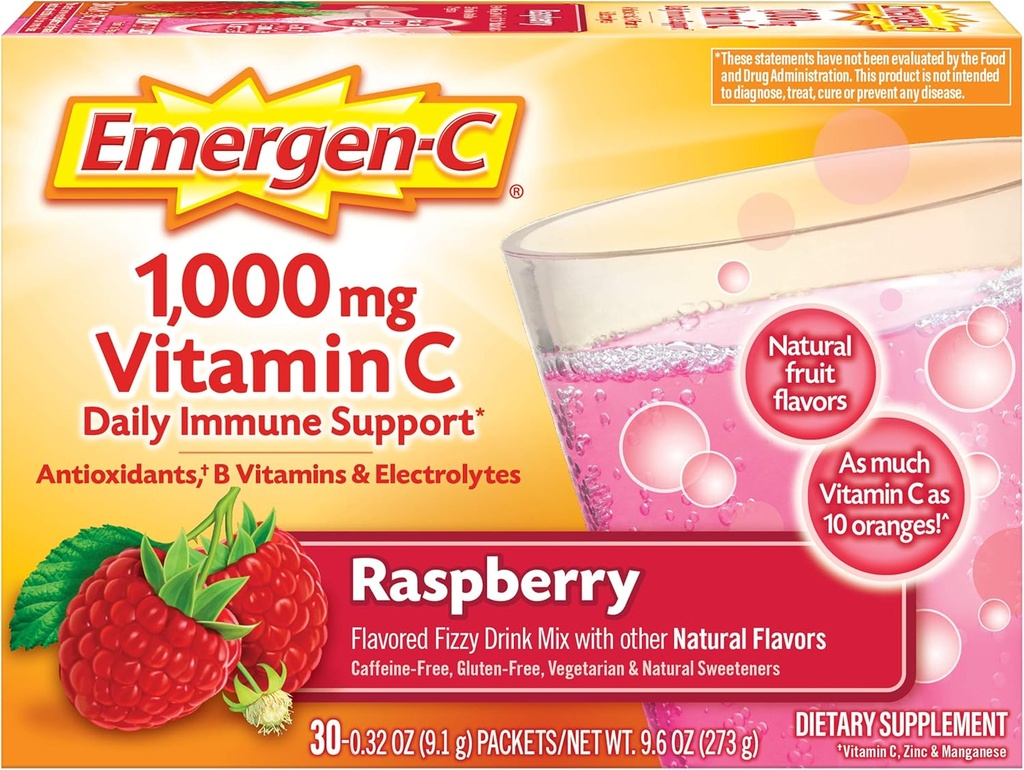 Emergen-C 1000mg Poudre de vitamine C, avec des antioxydants, des vitamines B et des électrolytes, suppléments d'immunité pour le soutien immunitaire, mélange de boissons gazeuses sans caféine, parfum de framboise - 30 comte/1 mois d'approvisionnement