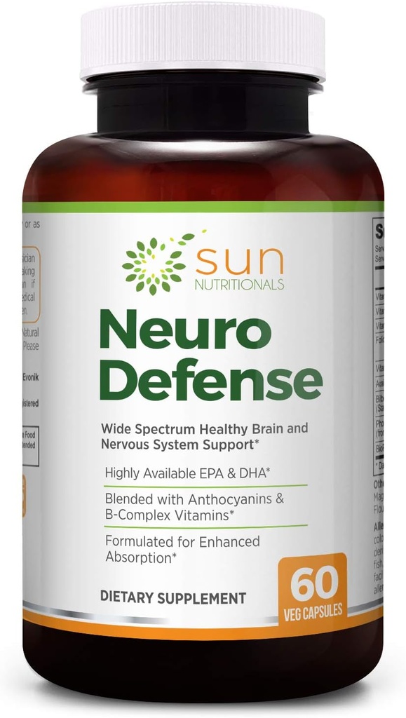 Neuro Defense with Omega-3 Fatty Acides EPA & DHA, Anthocyanines de l'extrait de baies de Bil, Vitamines complexes B, Vitamines C & D3, Phosphatidylcholine, 60 VCaps, Non-OGM, Sans gluten
