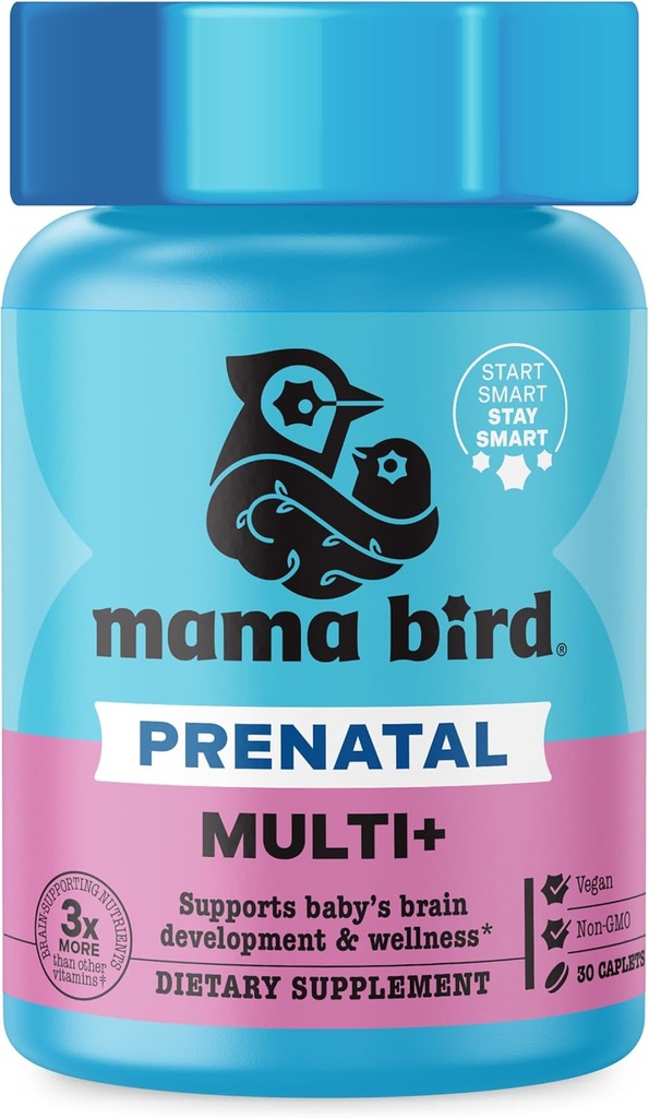 Best Nest Wellness Mama Bird Prenatal Multi Plus - Supplément de soins prénatals soutient la santé cérébrale et digestive - Multivitamine végane avec L-méthylfolate, probiotiques et plus - 30 Caplets (30 portions)