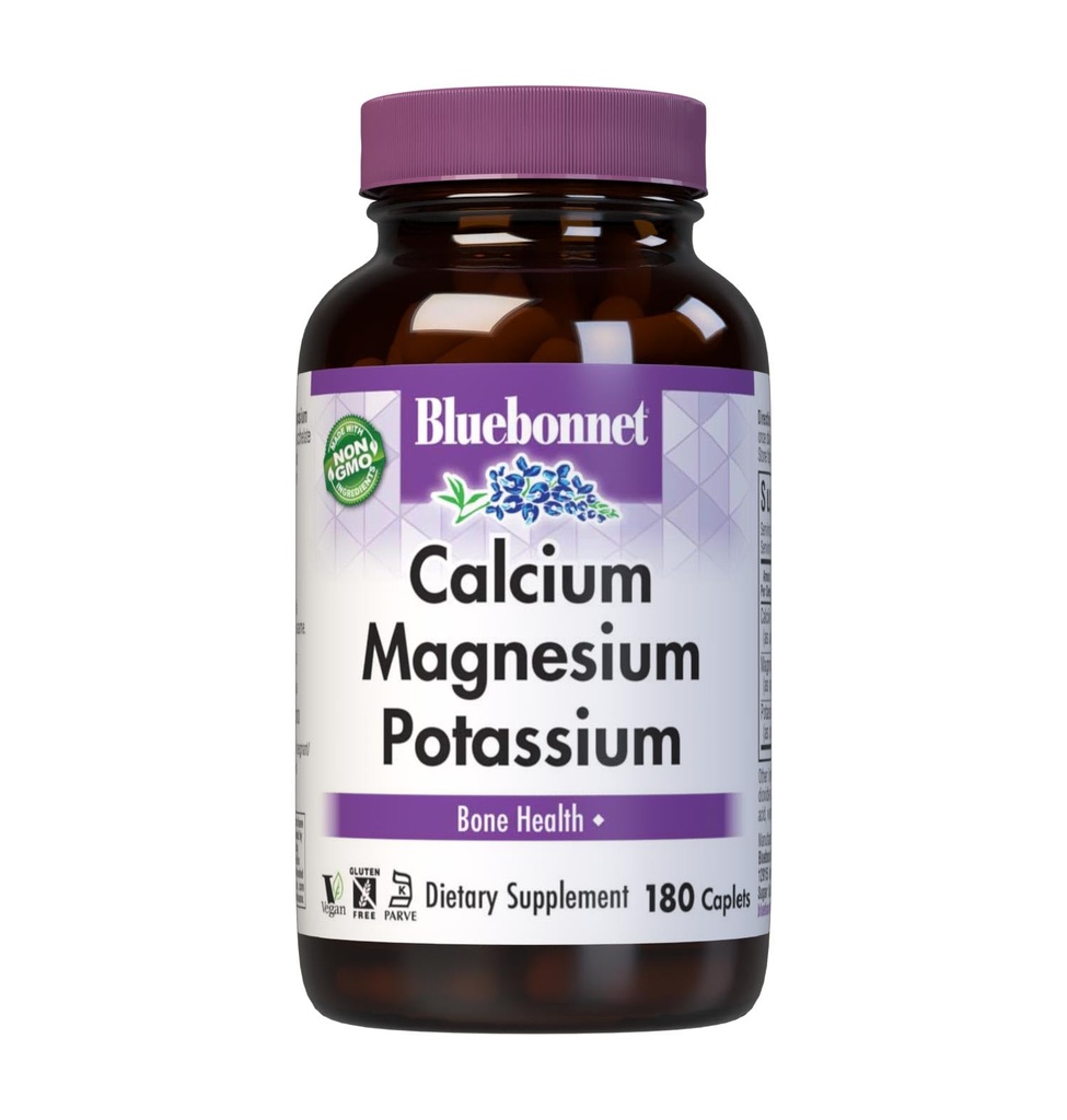 Supplément de potassium au calcium de Bluebonnet pour les femmes et les hommes - Soutient des os sains - Calcium 1000mg Supplément minéral Forme de chélate - Non-OGM, végétalien, sans gluten - 180 capsules