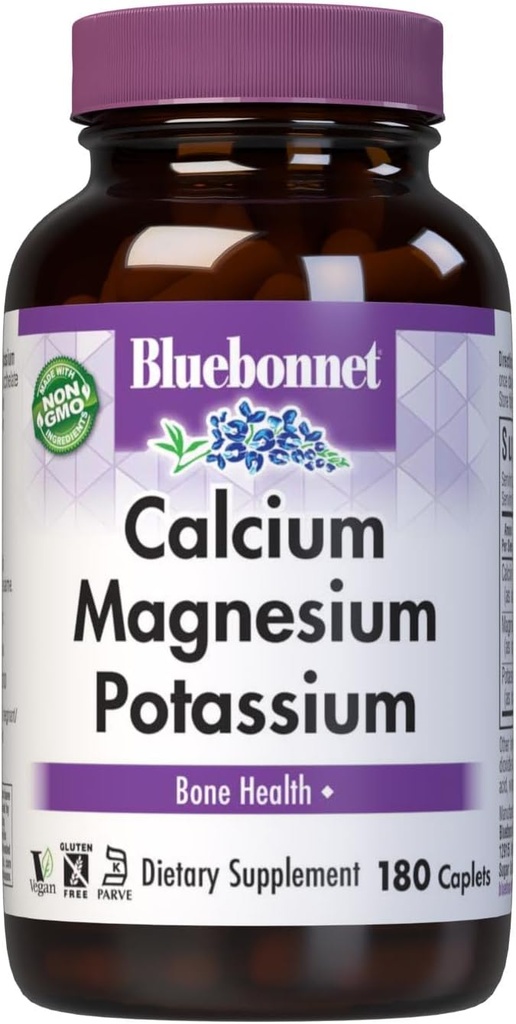Supplément de potassium au calcium de Bluebonnet pour les femmes et les hommes - Soutient des os sains - Calcium 1000mg Supplément minéral Forme de chélate - Non-OGM, végétalien, sans gluten - 180 capsules