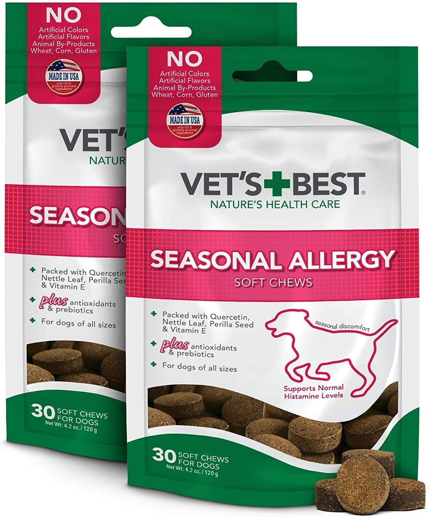 Vet's Best saisonal Allergy Soft Chew Dog SupplementSoothes Dogs Irritation cutanée due aux allergies saisonnièresSoins d'histamineSoit 50 comprimés à croquer, 30 comtes (paquet de 2)