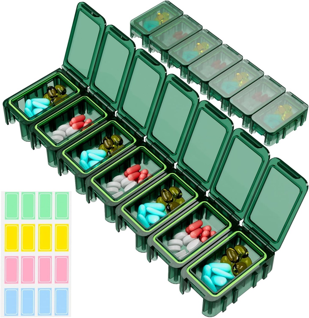 Restree Weekly Pill Organizer, 7 compartments Portable Pill Box One Time a Day, Moisture-Proof Travel Pill Case, Pill Storage Box for Vitamin, Medicine, Fish Oil/Supplements (Green)
