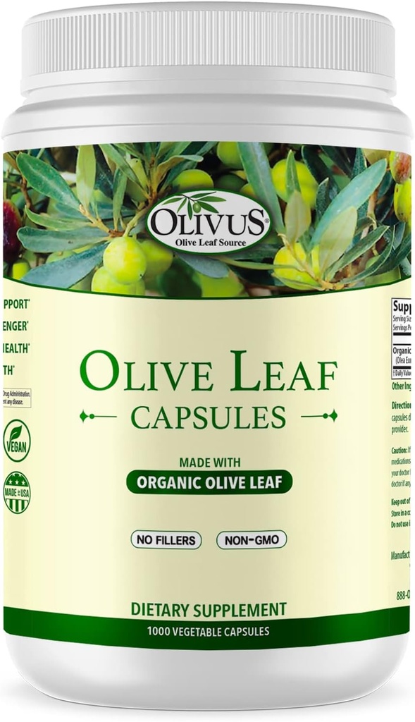Capsules d'Olive Leaf Bulk 1000 Ct - 550 mg Capsules végétales - Pure Organic Olive Leaf Poudre sans remplissage - Supplément antioxydant de soutien immunitaire