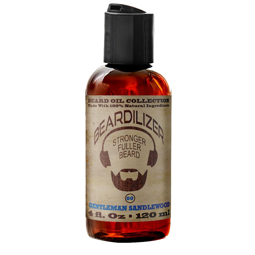 Beardilizer Gentleman Sandalwood Beard Oil for Men - 100% huile de croissance naturelle et revitalisant avec argan, jojoba et vitamine E – adoucissement, hydratant pour la barbe douce et saine – 4 Oz
