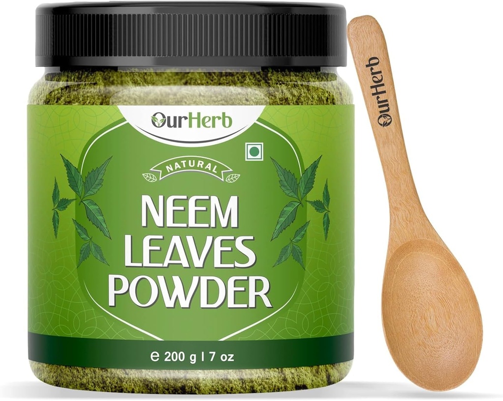 Pure Neem feuilles poudre solution naturelle pour la peau claire sans boutons et cheveux soyeux, idéal pour les packs visage, soins des cheveux, et le soutien de pigmentation avec cuillère en bois – 200g