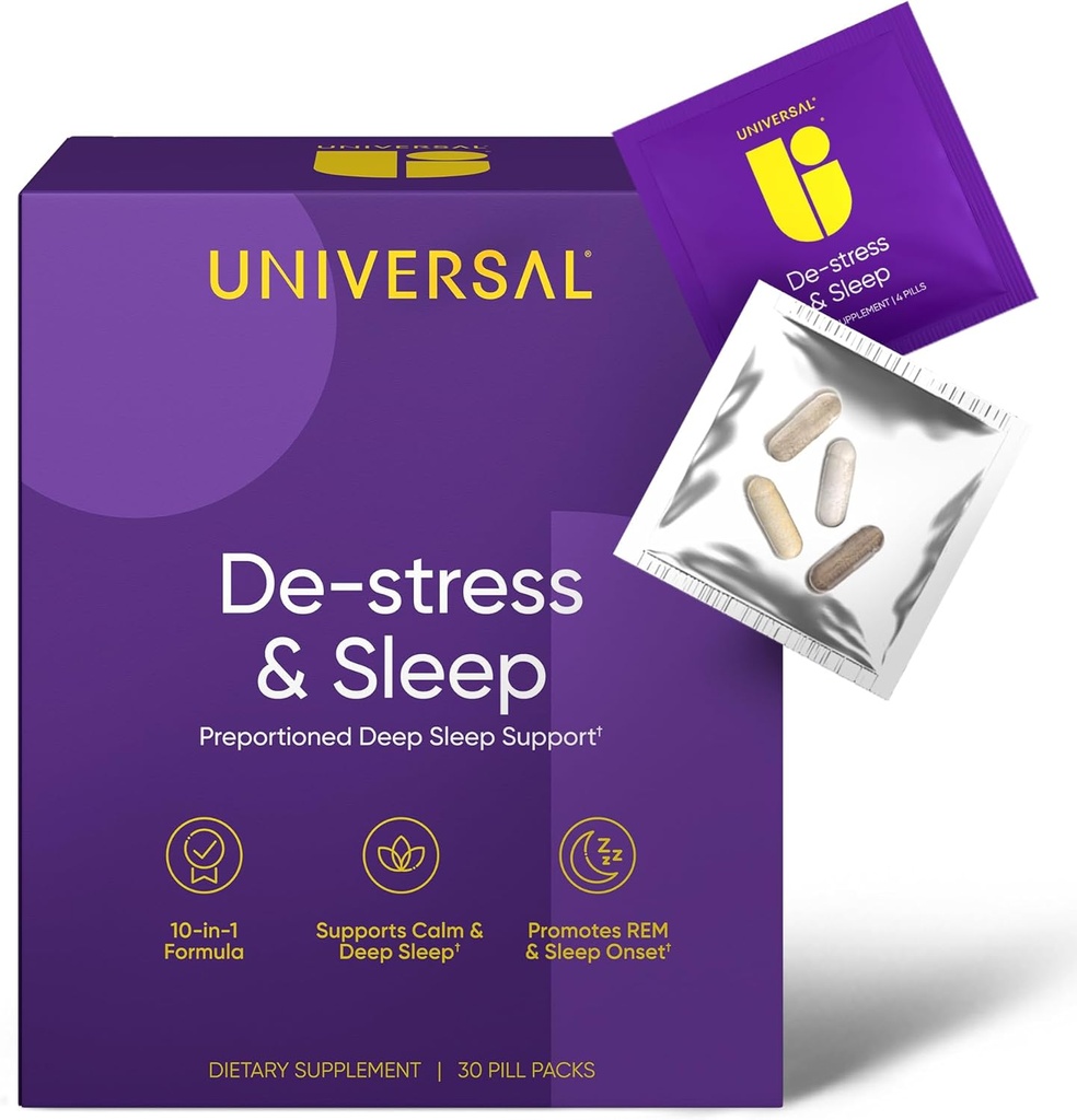 De-Stress & Sleep Supplement - 10-en-1 aide naturelle au sommeil pour les adultes, multivitamine quotidienne avec Magnésium, Mélatonine, Ashwagandha, L Theanine, racine valériane, pilules pour hommes et femmes, 30 Pack