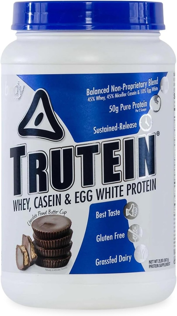 Nutrition corporelle Trutein Poudre à haute teneur en protéines : 45 % Whey, 45 % Caséine, 10 % Blanc d'oeuf, Sans gluten, Faible teneur en sodium, Poudre de protéines de lactosérum, Supplément de gymnastique et petit déjeuner Shake, beurre d'arachide au chocolat, 2lb