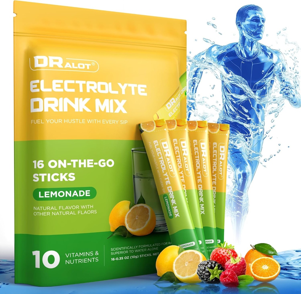 Poudre d'électrolytes sans sucre avec arômes naturels, 3X packs d'hydratation rapide avec 10 électrolytes et vitamines, liquide quotidien IV, non-OGM, sans gluten, kéto, végétalien, 16 bâtons, citron
