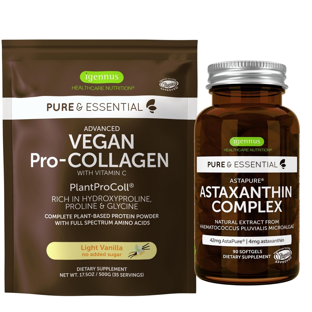 Poudre de protéines de collagène végétalien + astaxanthine complexe Bundle végétalien, formule de renforcement de collagène + naturel 4mg H. Pluvialis Astaxanthine pour cheveux, peau et ongles, par Igennus